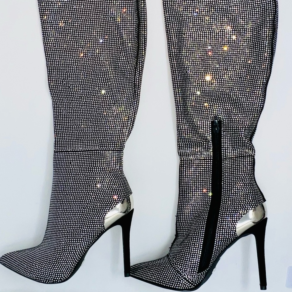 BEBE RHINESTONE SILVER Dorotea OverKnee Boots High Heel Boots NEVER WORN